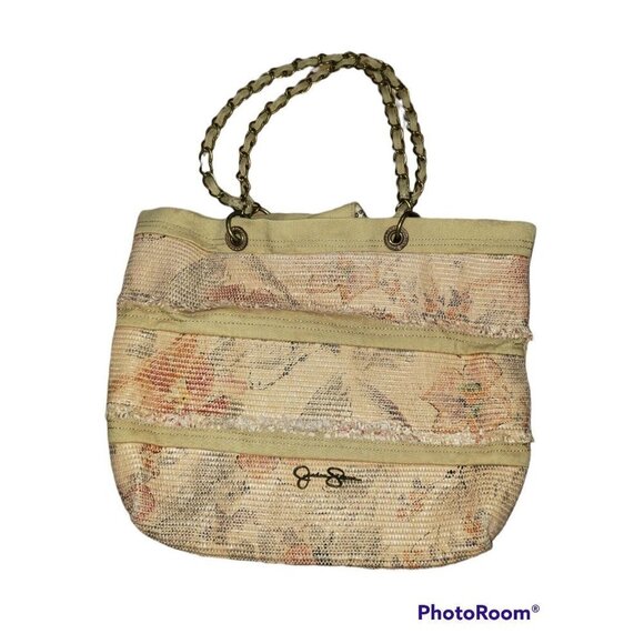 JESSICA SIMPSON Handbag Purse Large Chain Straps Beige Fringe - Picture 1 of 8